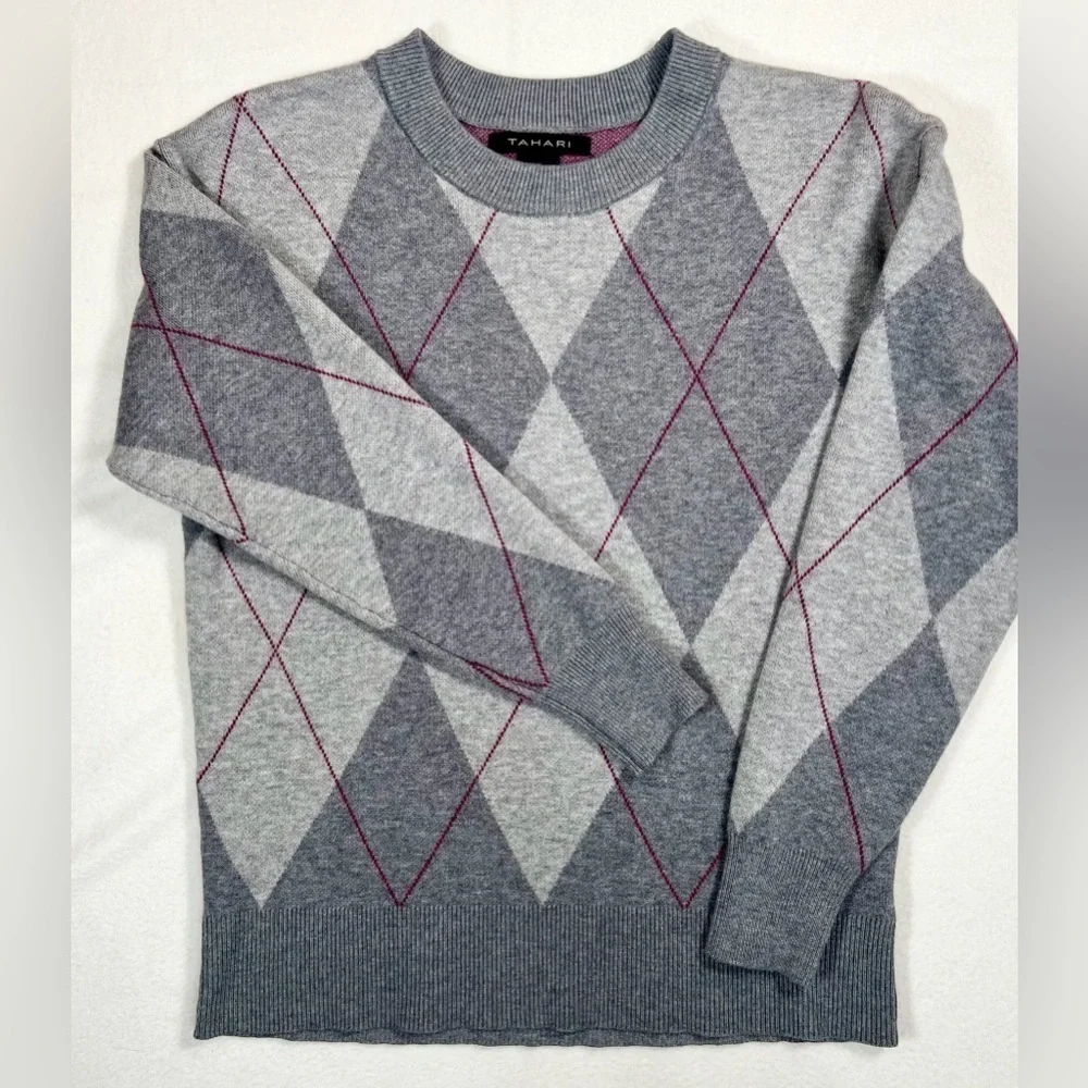 TAHARI Women’s Argyle Academia Grey/Pink‎ Crewneck Sweater Size Extra Small - Picture 2 of 13